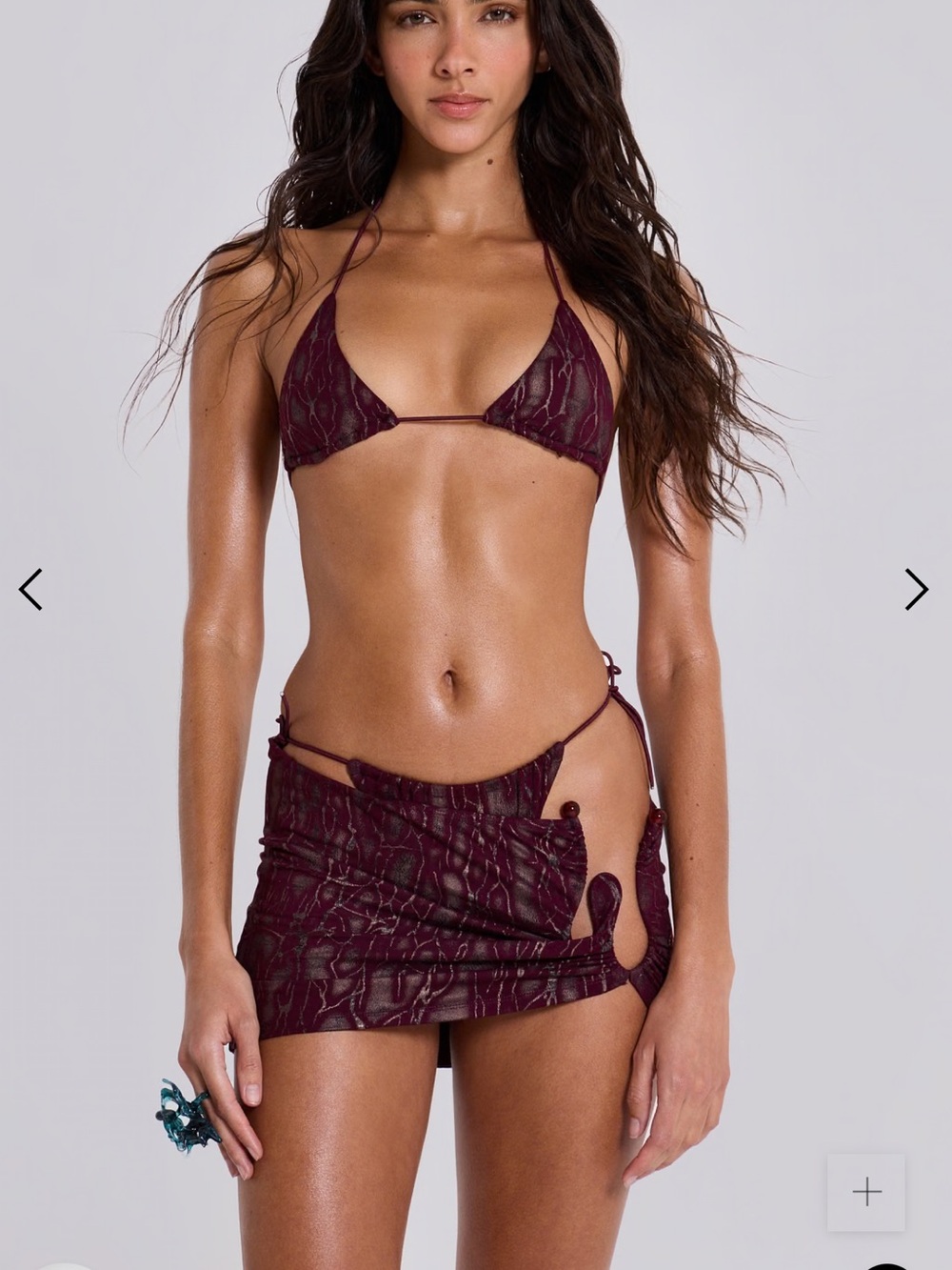 Jaded London Burgundy Lace-Pattern Triangle Bikini with Mini Skirt